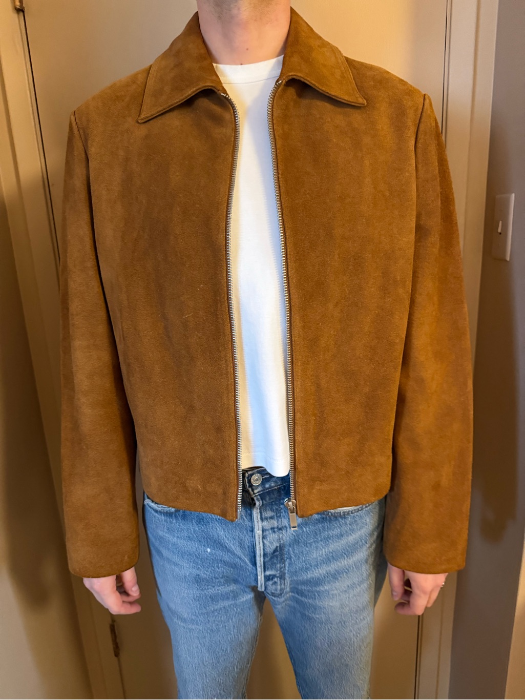 Zara Men's Suede Bomber Jacket In Cognac Brown